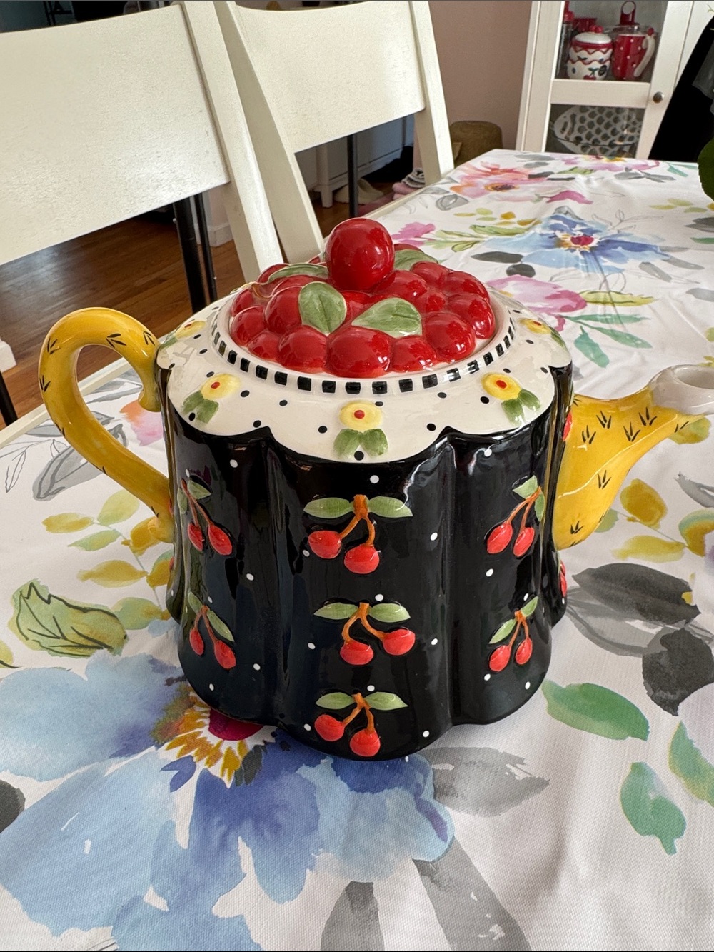 Cherry Motif Ceramic Teapot with Yellow Handle and Spout